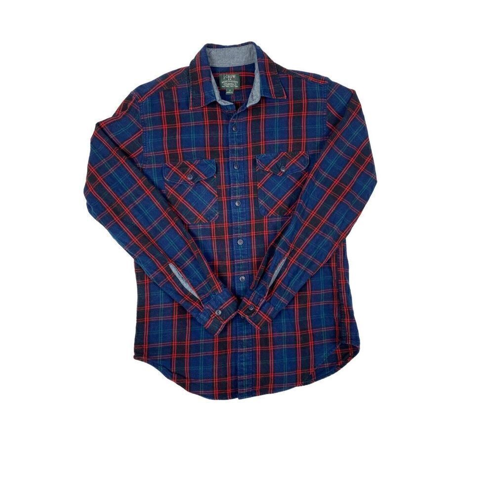 J Crew Plaid Heavyweight Button Down Flannel Shirt Mens Size Small Blue Casual A